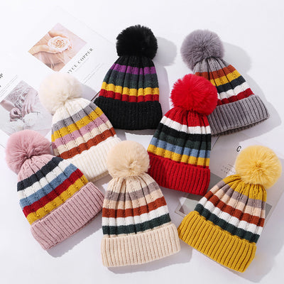 Gorro Tejido Grueso a Rayas con Combinación de Colores para Mujer