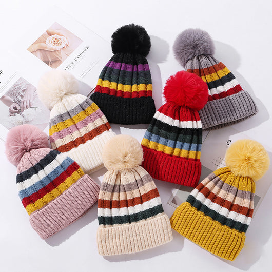 Gorro Tejido Grueso a Rayas con Combinación de Colores para Mujer