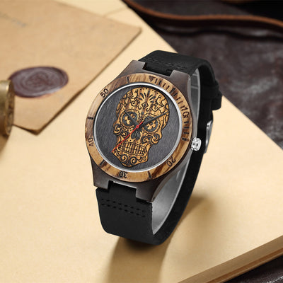 Reloj de Madera Calavera con Movimiento de Cuarzo y Doble Color - Image 3