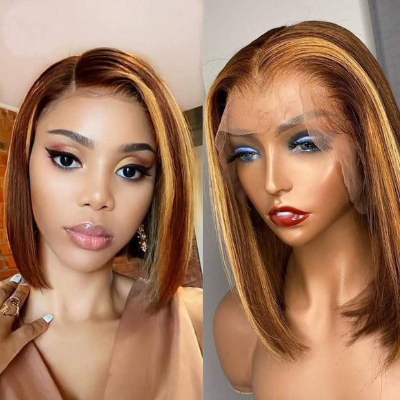 Peluca Corta Recta Marrón Dorado para Mujer - Talla Mediana