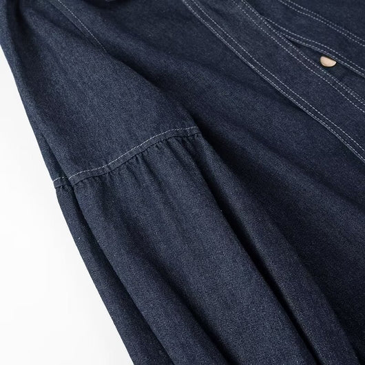 Camisa Denim Azul Oscuro Lavado - Diseño Casual con Cordones y Lazo - Image 8