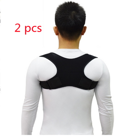 Black back shoulder spine posture corrector worn over a white long-sleeved shirt, showing adjustable straps. (2 pcs) - Image 17