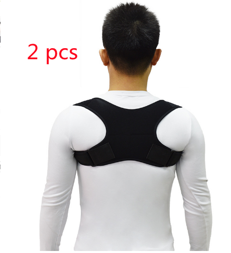 Black back shoulder spine posture corrector worn over a white long-sleeved shirt, showing adjustable straps. (2 pcs) - Image 17