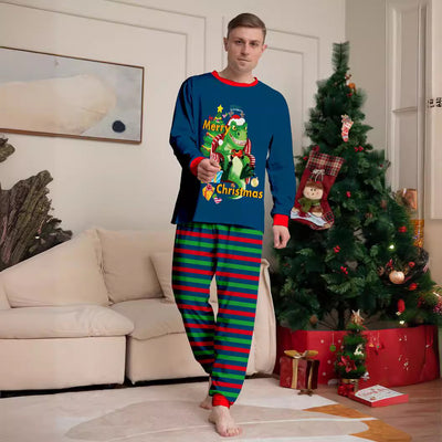 Child's blue long-sleeve Christmas pajamas with a dinosaur graphic and red and green striped pants. - Image 4