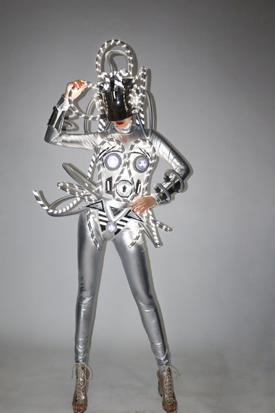 Traje de Rendimiento Cyberpunk con LED Luminoso Plateado - Image 7