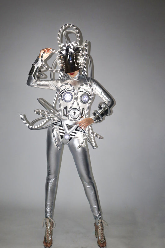 Traje de Rendimiento Cyberpunk con LED Luminoso Plateado - Image 7
