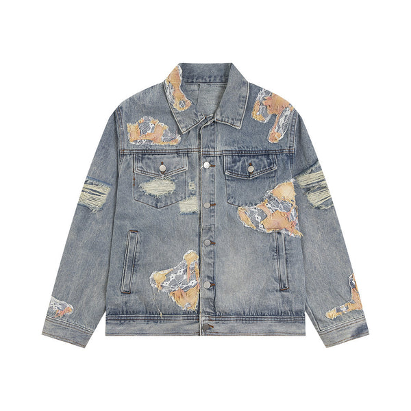 Chaqueta Denim con Costuras de Encaje y Detalles Rotos