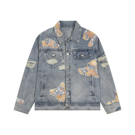 Chaqueta Denim con Costuras de Encaje y Detalles Rotos