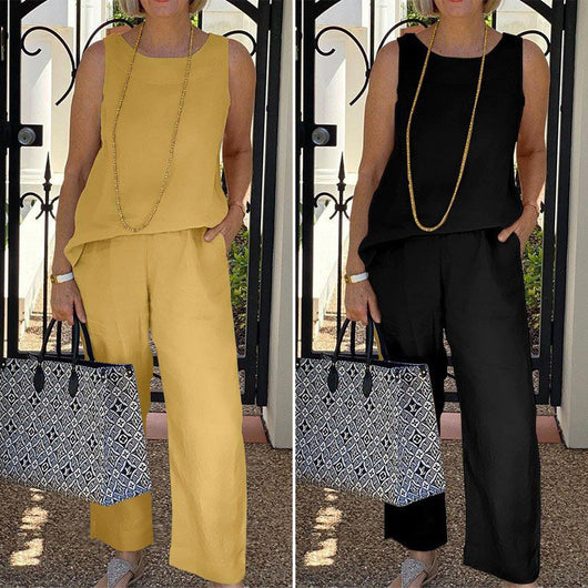 Conjunto de Dos Piezas: Blusa sin Mangas y Pantalón Ancho en Algodón y Lino para Mujer - Image 8