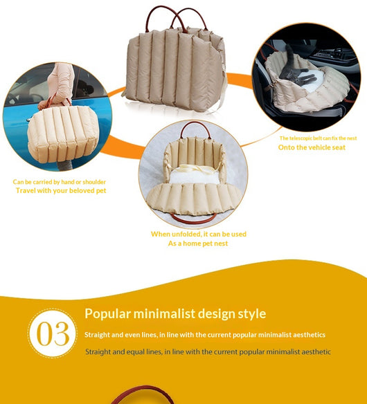 Light khaki quilted portable pet carrier with brown handles and a cream shoulder strap for car travel. - Image 12