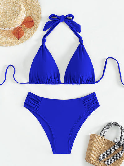 Solid olive green triangle halter bikini swimsuit for women, featuring a high-waisted bottom with ruched sides. - Image 9