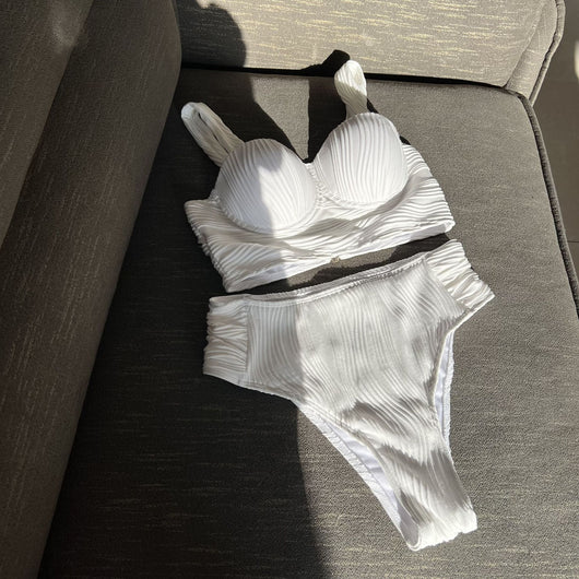 Women's light peach ribbed high-waisted two-piece swimsuit with a bandeau top and wide straps. - Image 18