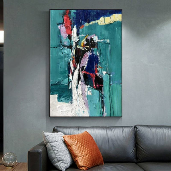 Cuadro Abstracto Moderno Óleo sobre Lienzo - Tonos Azul y Verde para Sala de Estar