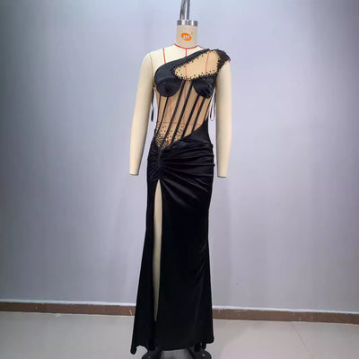 Vestido de Fiesta Negro con Hombro Asimétrico para Escenario - Image 3