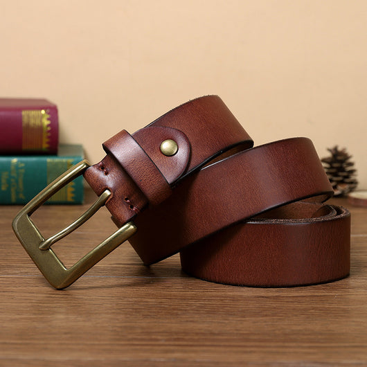 Cinturón de Cuero Genuino para Hombre con Hebilla Retro de Cobre Puro Artesanal - Image 3