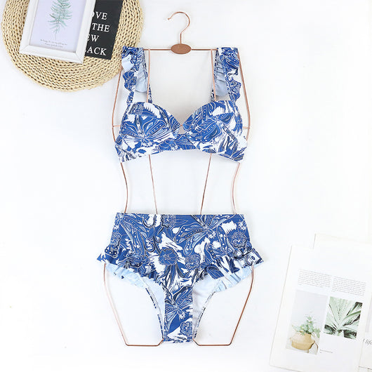 Purple and white floral high-waisted bikini with ruffled straps and push-up bandeau top. - Image 9