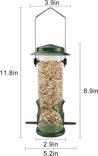 Green and clear tube hanging bird feeder with a metal wire hanger, designed for attracting hummingbirds. - Image 6
