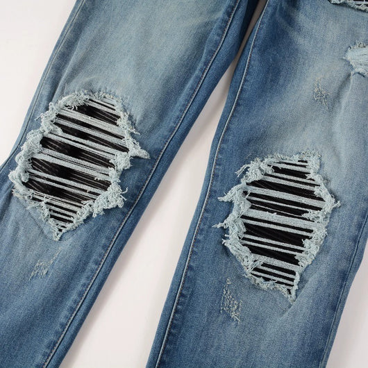 Jeans Vintage Desgastados con Parches de Cuero y Diseño Patchwork para Hombre - Image 28