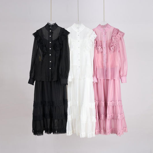 Conjunto de Blusa Manga Larga con Borde Lotus y Falda Midi Cintura Elástica - Image 13