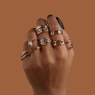 Set de 6 Anillos Articulados: Corona, Hoja y Formas Geométricas - Image 8