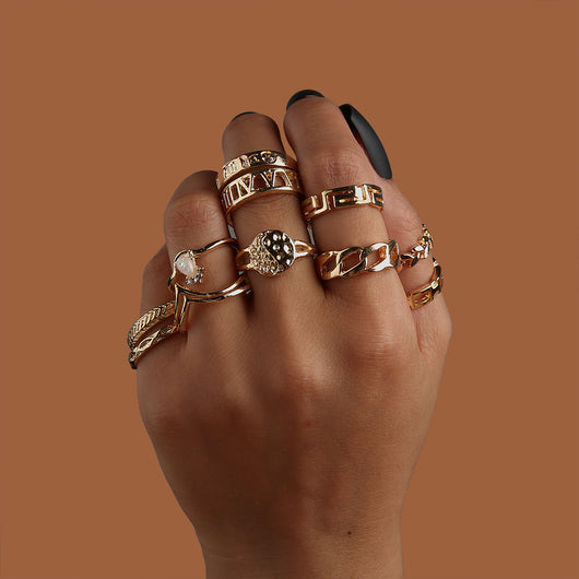 Set de 6 Anillos Articulados: Corona, Hoja y Formas Geométricas - Image 8