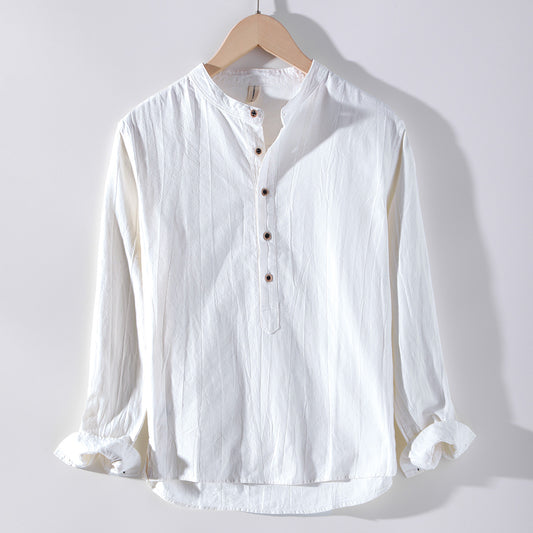 Camisa de Lino Manga Larga con Cuello Mao Estilo Retro