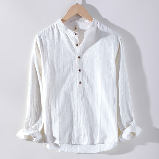 Camisa de Lino Manga Larga con Cuello Mao Estilo Retro