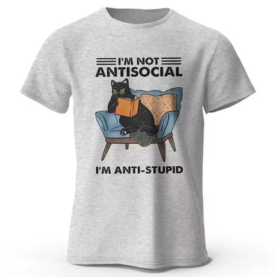 Red short-sleeve t-shirt with a black cat reading a book on an armchair and "I'M NOT ANTISOCIAL I'M ANTI-STUPID" text. - Image 3