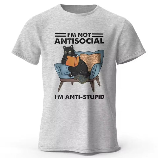 Red short-sleeve t-shirt with a black cat reading a book on an armchair and "I'M NOT ANTISOCIAL I'M ANTI-STUPID" text. - Image 3