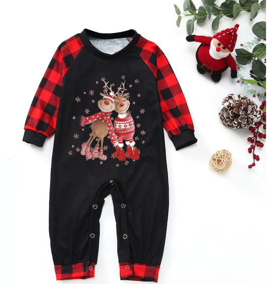 Black long-sleeve Christmas pajama top with reindeer graphic and red buffalo plaid sleeves, matching pants. - Image 11