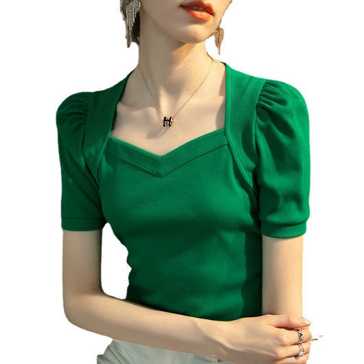 Blusa Manga Abullonada Cuello Diamante Mujer - Colores Sólidos - Image 5