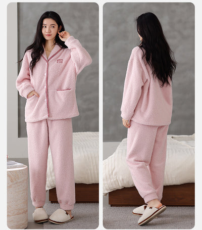 Pijama de Pareja Franela Gruesa Coral Fleece Manga Larga Abrigado - Image 33