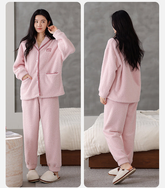 Pijama de Pareja Franela Gruesa Coral Fleece Manga Larga Abrigado - Image 33