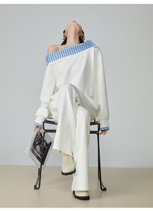 Conjunto de Sudadera y Pantalón Ancho a Rayas Azul y Blanco - Image 7