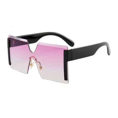 Frameless sunglasses with pink gradient lenses, black temples, and gold-tone accents on a white background. - Image 4