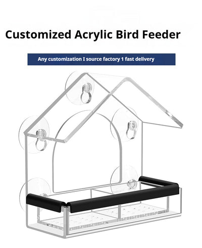 Transparent acrylic window bird feeder with a house-shaped roof and black perch, mounted with suction cups. - Image 10