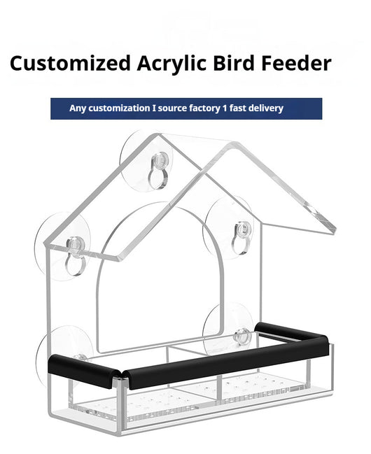 Transparent acrylic window bird feeder with a house-shaped roof and black perch, mounted with suction cups. - Image 10