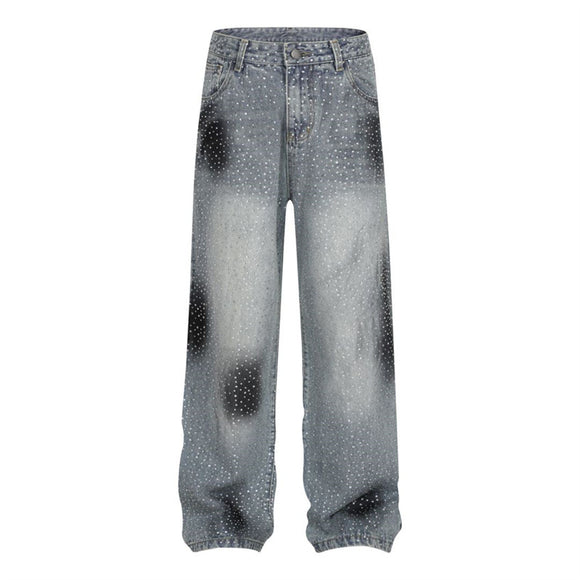 Pantalones Jeans Rectos Anchos con Detalles de Strass - Diseño Casual Moderno
