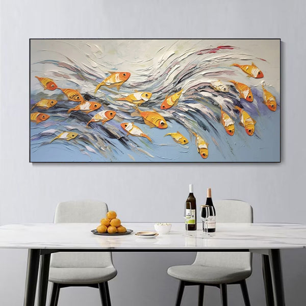 Cuadro Pintura al Óleo Lienzo Peces Alegres Decoración Pared Sala Estar
