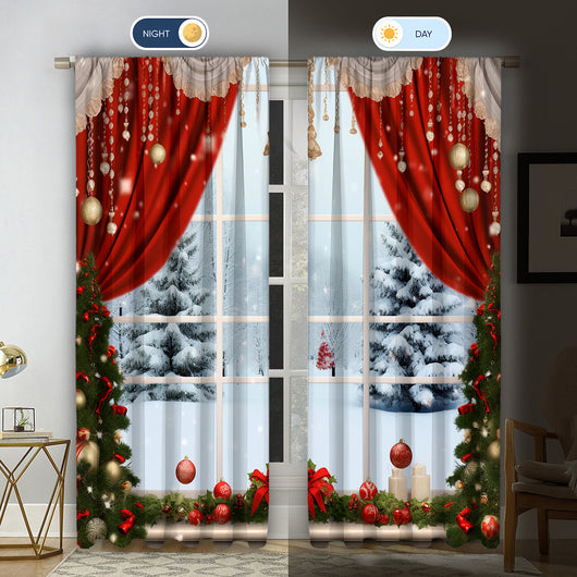 Christmas curtain with a snowy village scene, Santa Claus, flying reindeer, and piles of wrapped gifts. - Image 23