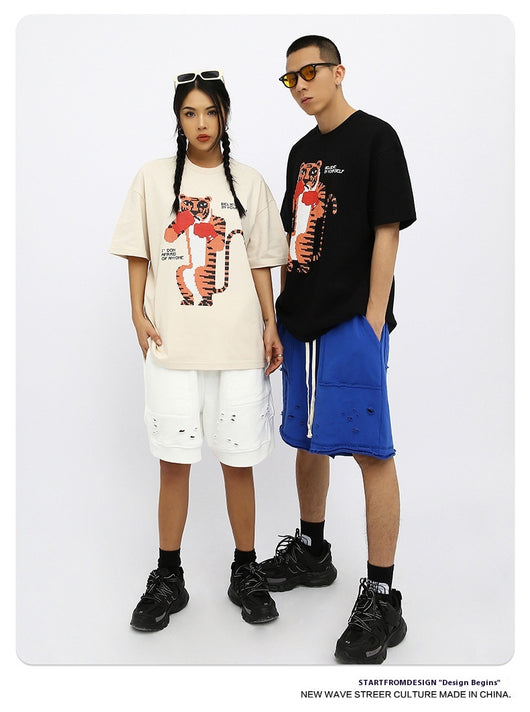 Camiseta Suelta Estampado Anime Tigre Manga Corta Unisex - Image 16