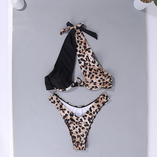 Traje de Baño Estampado Leopardo Sexy Espalda Descubierta Cuello Halter - Image 8