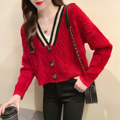 Suéter Cardigan Corto Escote V Tejido Holgado para Mujer - Image 5