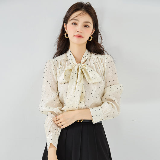 Blusa de Lunares con Moño Streamer de Manga Larga Versátil - Image 6