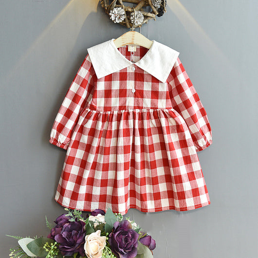 Vestido Niña Cuadros con Cuello Amplio y Botones Manga Larga