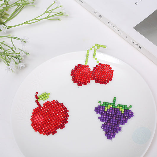 Set of 6 diamond painting fruit stickers featuring an apple, banana, cherries, grapes, pineapple, and strawberry. - Image 7