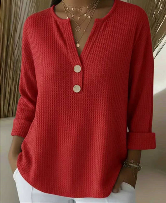 Blusa Suelta de Punto Waffle con Cuello V y Manga Larga - Image 8