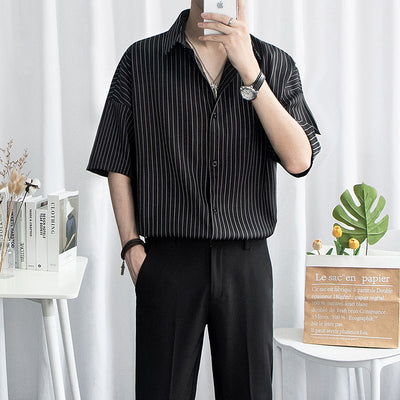 Camisa Manga Corta Hombre Rayas Negra Elegante - Image 25