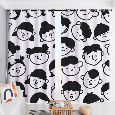 White curtain with a repeating pattern of black outline cartoon faces, featuring grommet top for easy hanging. - Image 11