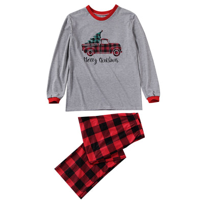 Family Christmas pajama set with grey long-sleeve tops featuring a red truck with a tree, and red and black buffalo plaid pants. Includes adult, kids, and baby - Image 6